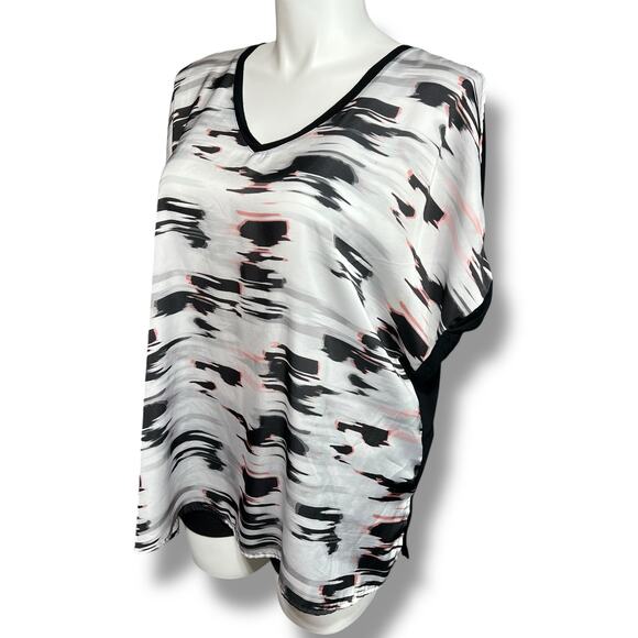 Rebel Womens Blouse Top Shirt Cold Shoulder Abstract Print Black White Pink 2X - Picture 6 of 10